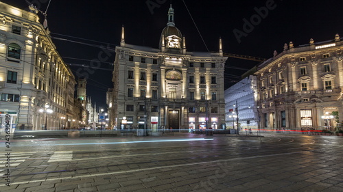 Piazza Cordusio is an important commercial square in the city night timelapse hyperlapse photo