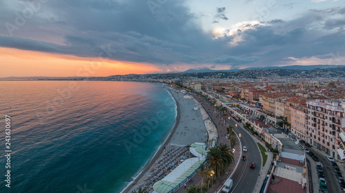 Panorama over Nice city and Mediterranean Sea aerial day to night timelapse