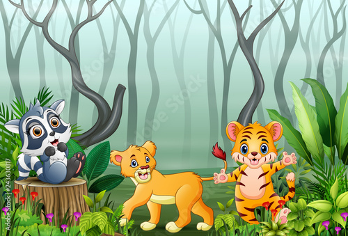 Animals cartoon with a view of the forest in the fog