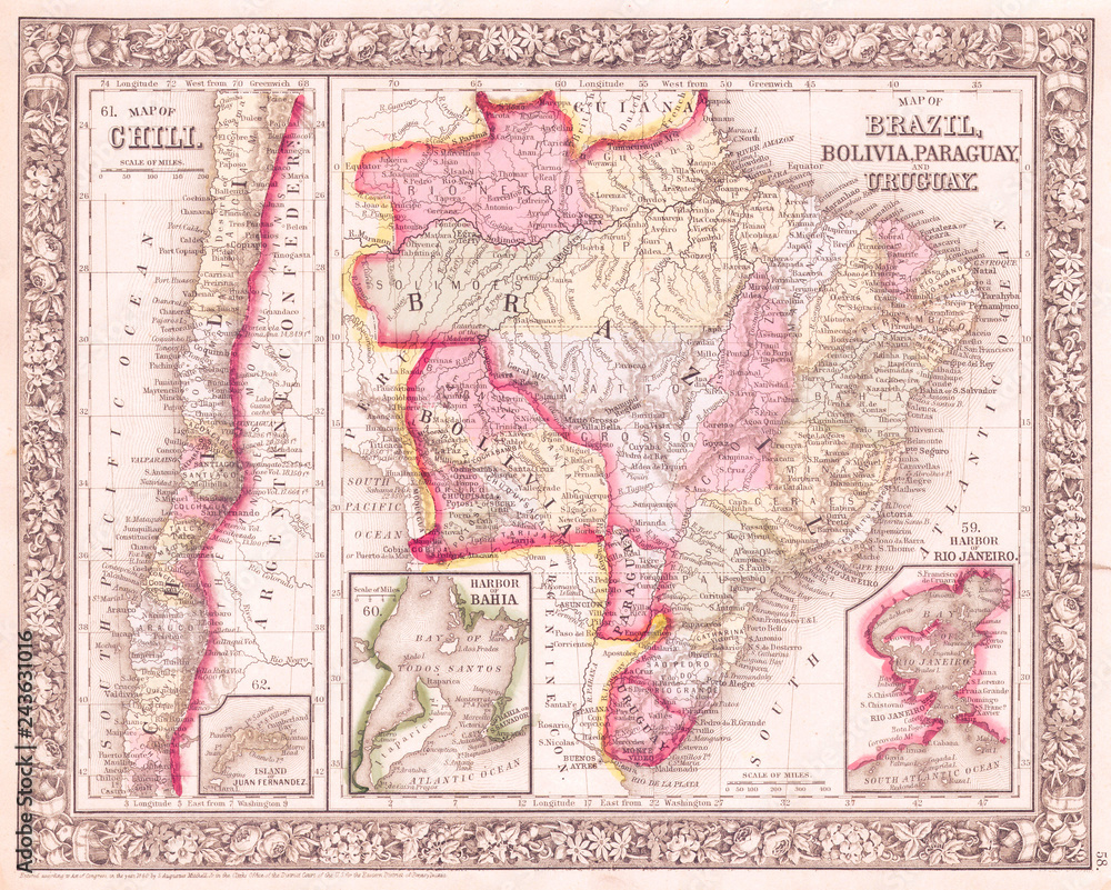Old Map of Brazil, Bolivia and Chili, Mitchell 1864