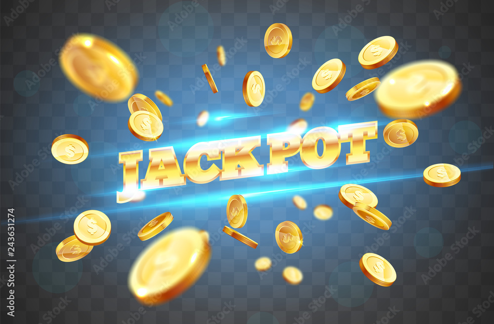 Naklejka premium The gold word Jackpot, surrounded by attributes of gambling, on a coins explosion background. The new, best design of the luck banner, for gambling, casino, poker, slot, roulette or bone.