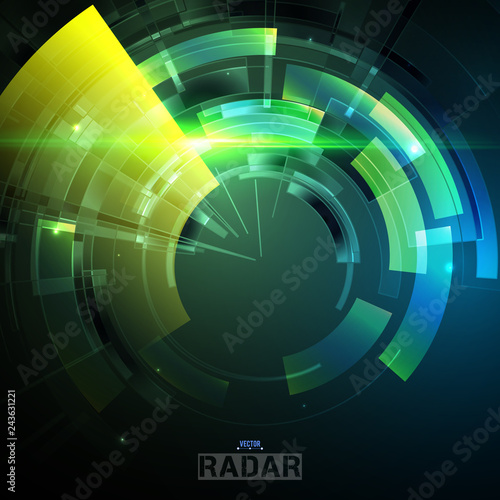 Abstract futuristic HUD radar display. Sci-fi design elements. Vector navigation interface background.