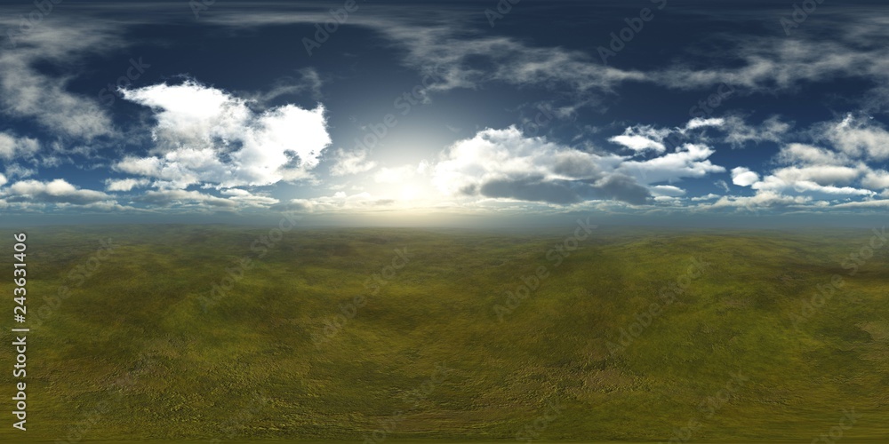 HDRI, environment map , Round panorama, spherical panorama, equidistant projection, panorama 360, panoramic landscape of green hills under a sky with clouds and the sun, HDRI, environment map , Round panorama, spherical panorama, equidistant projection, panorama 360, panoramic landscape of green hills under a sky with clouds and the sun,