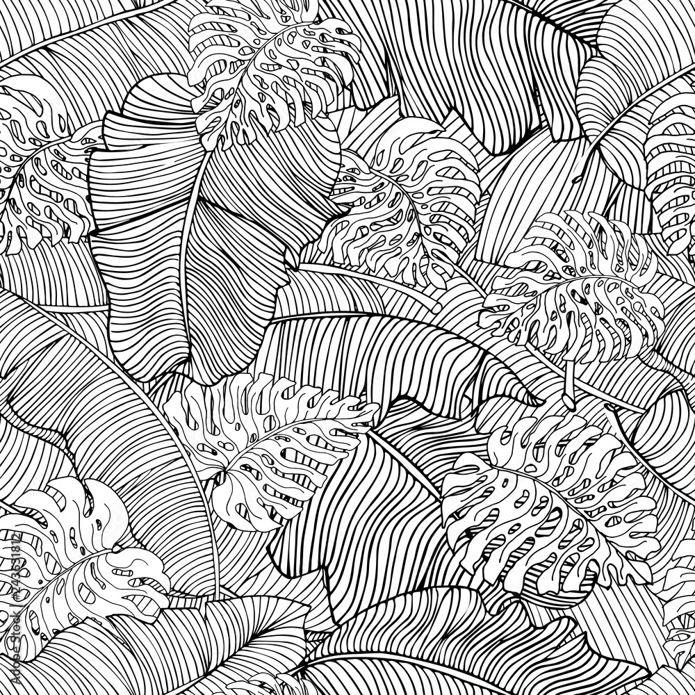 Seamless pattern of exotic white banana leaves and monstera leaves with black outline. Decorative image with tropical foliage.