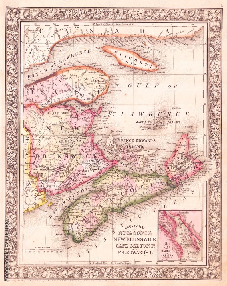 1864, Mitchell Map of Nova Scotia and New Brunswick, Canada