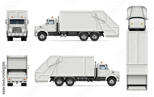 Garbage truck vector mockup for vehicle branding, advertising, corporate identity. Isolated template of realistic waste lorry on white background. All elements in the groups on separate layers