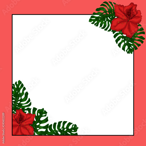 Frame for text from exotic  green leaves of Monstera and Azalea red flowers. Idea for poster  postcard  flyer. Tropical leaves.