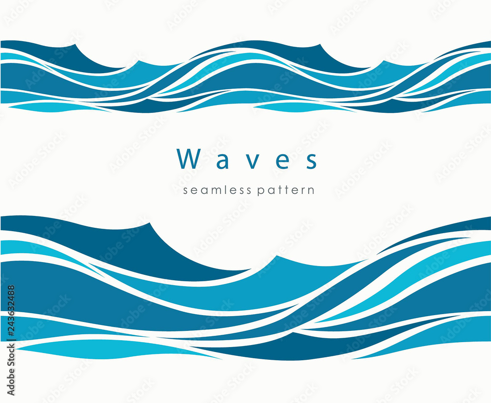 Marine seamless pattern with stylized waves on a light backgroun - obrazy, fototapety, plakaty 