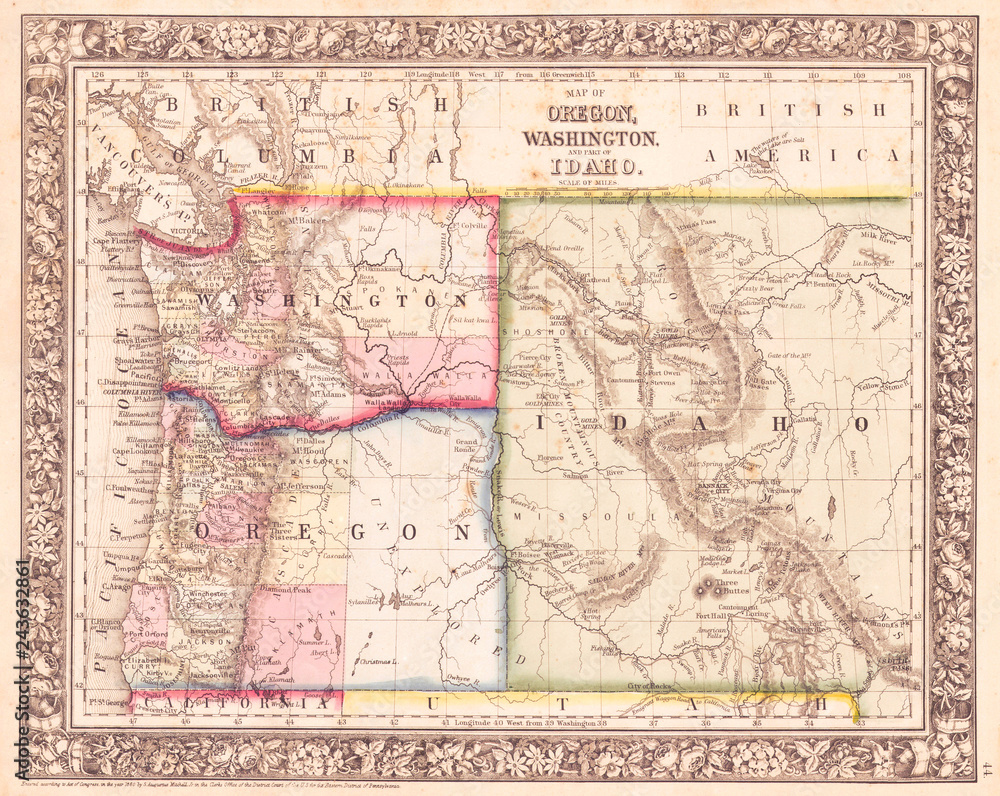 1864, Mitchell Map of Washington, Oregon and Idaho