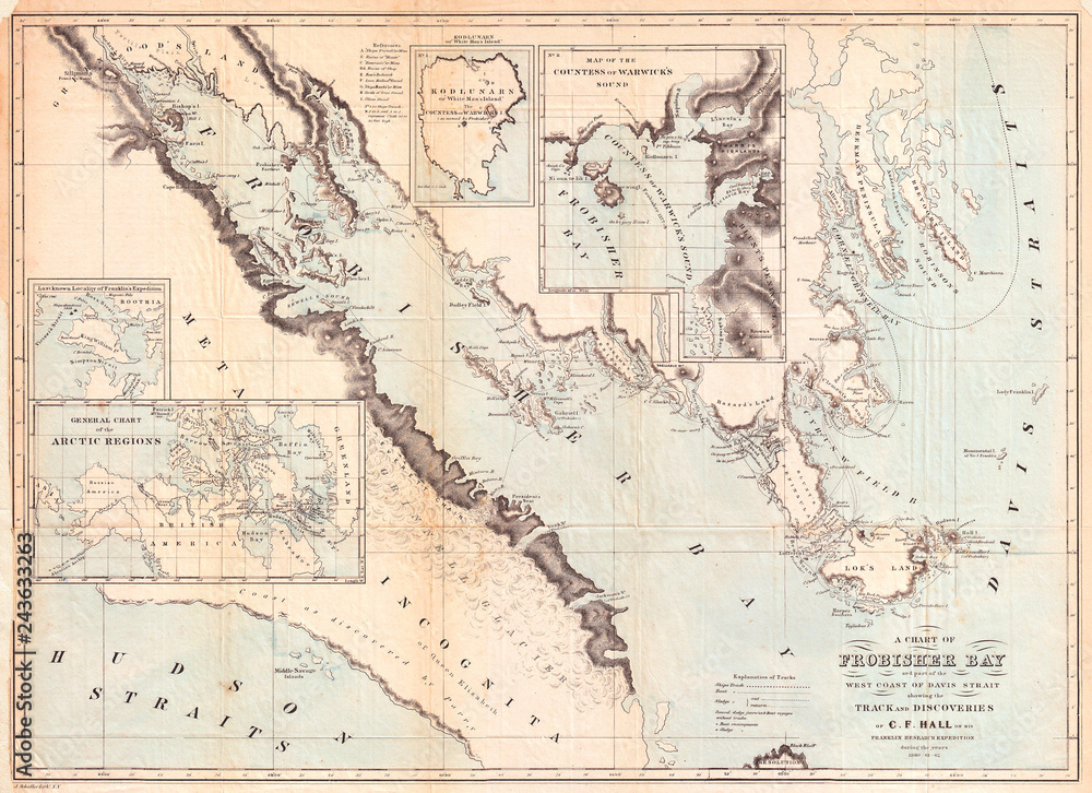 Old Map of Frobisher Bay, Baffin Island, Canada, important Arctic Exploration Map, 1865, Hall 