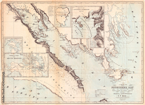 Old Map of Frobisher Bay, Baffin Island, Canada, important Arctic Exploration Map, 1865, Hall  photo