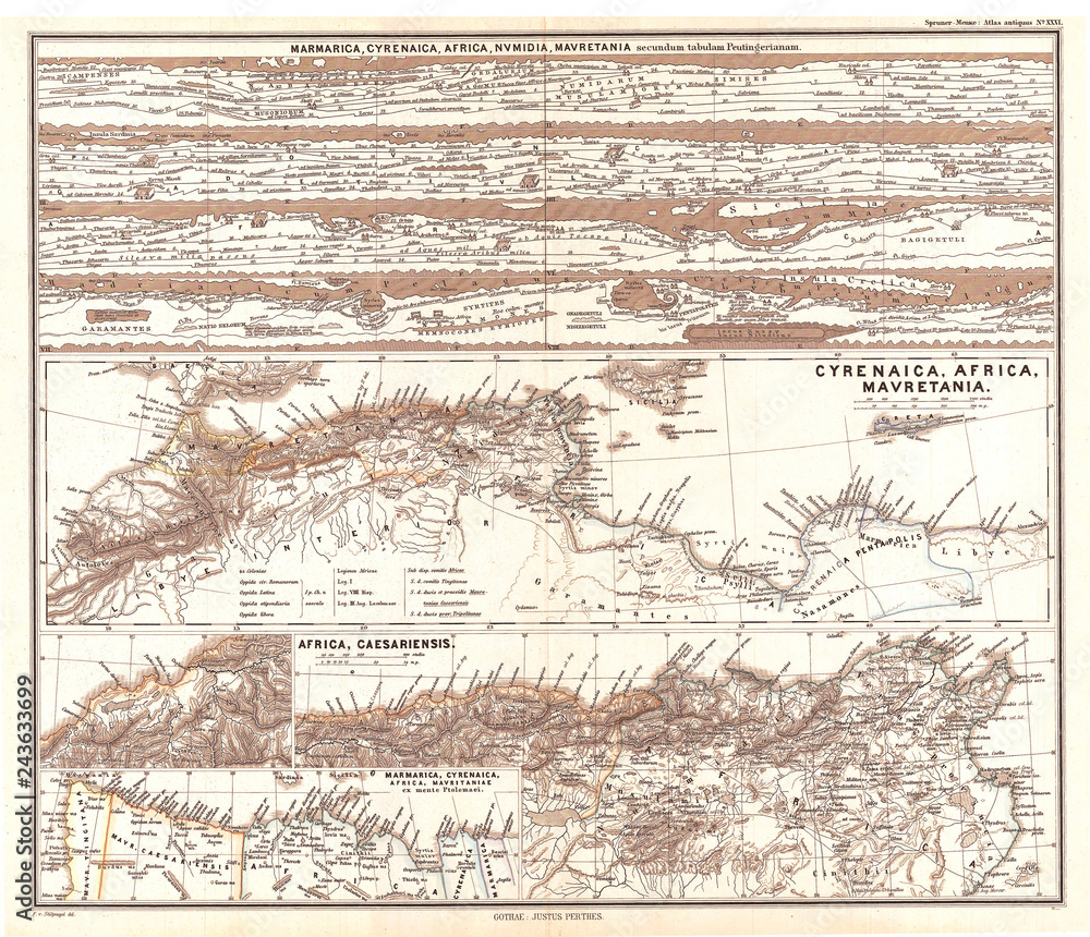 Fototapeta premium 1865, Spruner Map of Northwestern Africa, the Magreb, and the Barbary Coast in Antiquity