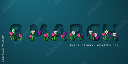 8 March typographic design for International Womens Day. 3d paper cut letters with spring flowers tulip and narcissus. Vector illustration.