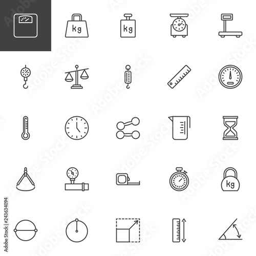 Scale and Measurement line icons set. linear style symbols collection, outline signs pack. vector graphics. Set includes icons as Calibration Weight scale, Measuring Ruler, Speedometer, Stopwatch