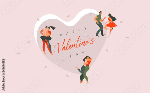 Hand drawn vector abstract cartoon modern graphic Happy Valentines day concept illustrations art card with dancing couples people together isolated on colored background