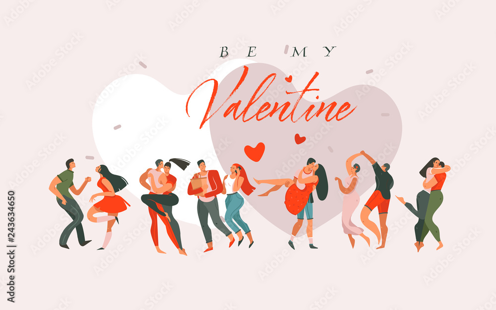 Hand drawn vector abstract cartoon modern graphic Happy Valentines day concept illustrations art card with dancing couples people together isolated on colored background Hand drawn vector abstract cartoon modern graphic Happy Valentines day concept illustrations art card with dancing couples people together isolated on colored background