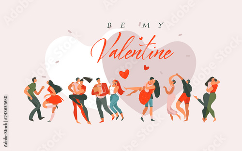 Hand drawn vector abstract cartoon modern graphic Happy Valentines day concept illustrations art card with dancing couples people together isolated on colored background