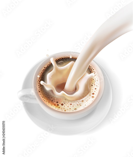 cup of coffee with a splash of milk. Vector illustration on white background.