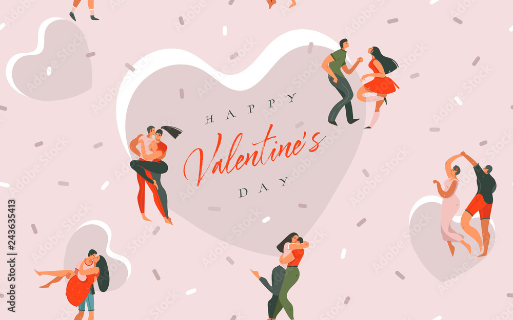 Hand drawn vector abstract cartoon modern graphic Happy Valentines day concept illustrations art seamless pattern with dancing couples people together isolated on pink pastel color background Hand drawn vector abstract cartoon modern graphic Happy Valentines day concept illustrations art seamless pattern with dancing couples people together isolated on pink pastel color background