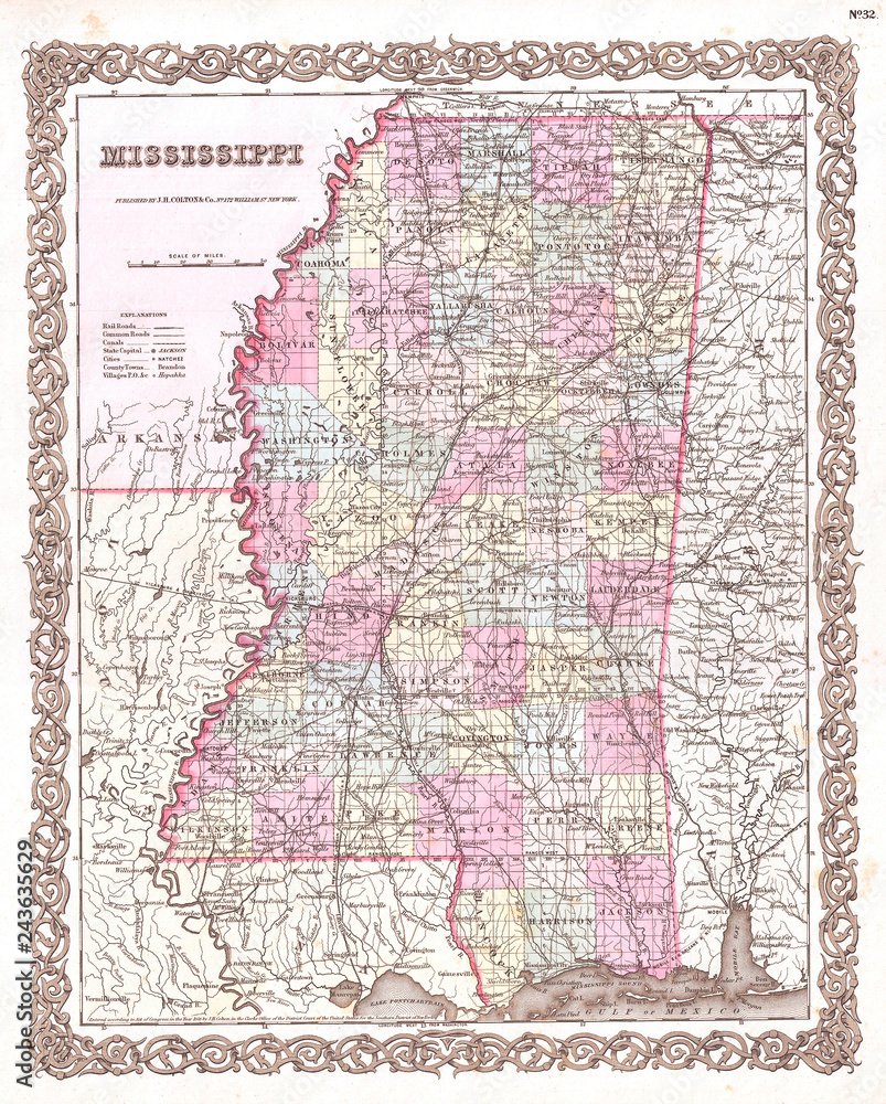 1855, Colton Map of Mississippi