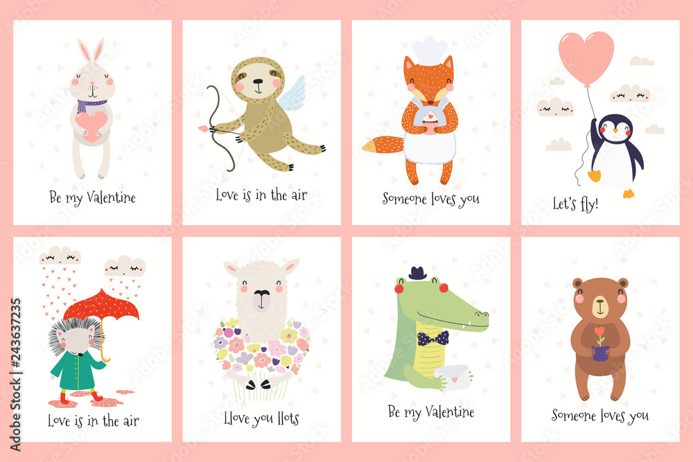 Set of Valentines day cards with cute funny animals, hearts, text. Hand drawn vector illustration. Scandinavian style flat design. Concept for children print. Set of Valentines day cards with cute funny animals, hearts, text. Hand drawn vector illustration. Scandinavian style flat design. Concept for children print.