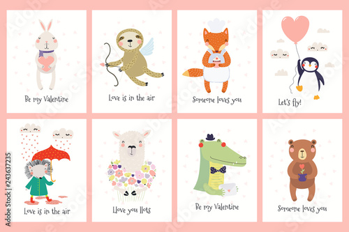 Set of Valentines day cards with cute funny animals, hearts, text. Hand drawn vector illustration. Scandinavian style flat design. Concept for children print.