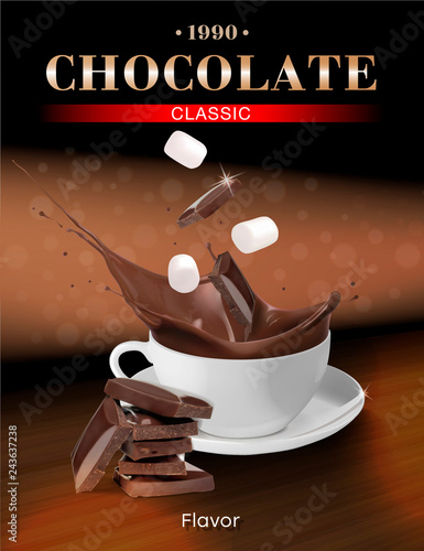 Hot chocolate in a white cup. Chunks of chocolate and marshmallow fall into the cup. Vector illustration.