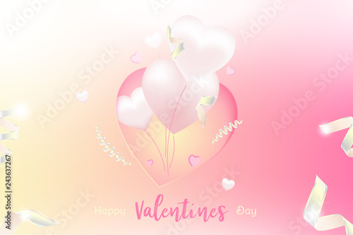 Valentine Day greeting card template. Celebration concept with Pink hearts and light effects on background with ribbons.