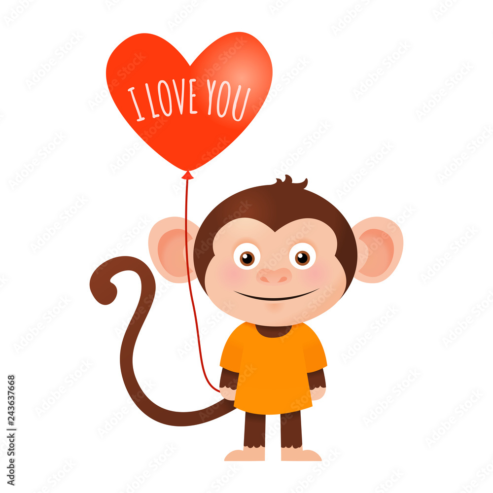 Vector cartoon illustration of cute in love monkey with heart balloon,  Valentines day Stock Vector | Adobe Stock
