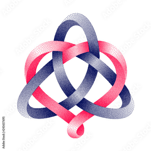 Triquetra celtic knot with heart symbol of stippled mobius strip. Harmonic love sign. Vector illustration.