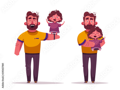 The best dad and daughter. Happy together. Cartoon vector illustration