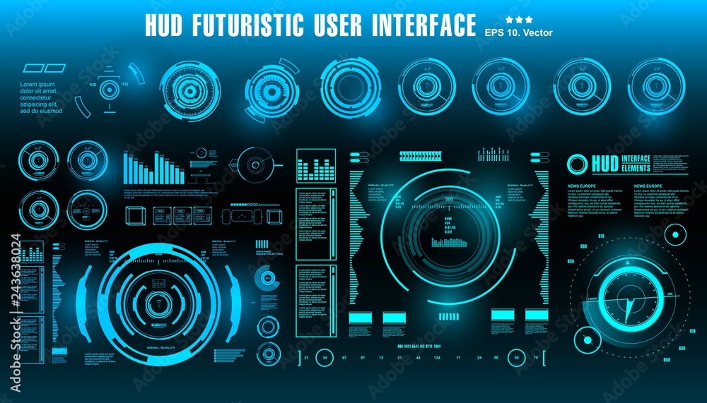 HUD futuristic blue user interface, dashboard display virtual reality technology screen, target HUD futuristic blue user interface, dashboard display virtual reality technology screen, target