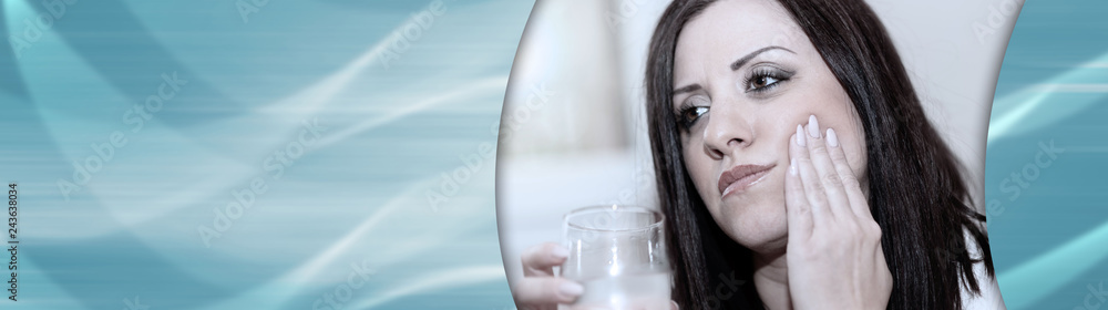 Portrait of young woman with toothache. panoramic banner Portrait of young woman with toothache. panoramic banner