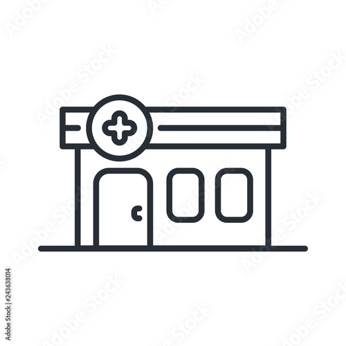 Pharmacy Drugstore Shop Building. Vector Flat Line Stroke Icon.