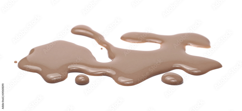 Spilled chocolate milk puddle isolated on white background Spilled chocolate milk puddle isolated on white background