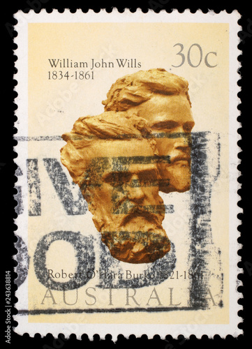 Stamp printed in Austarlia shows Burke and Wills, circa 1983 photo