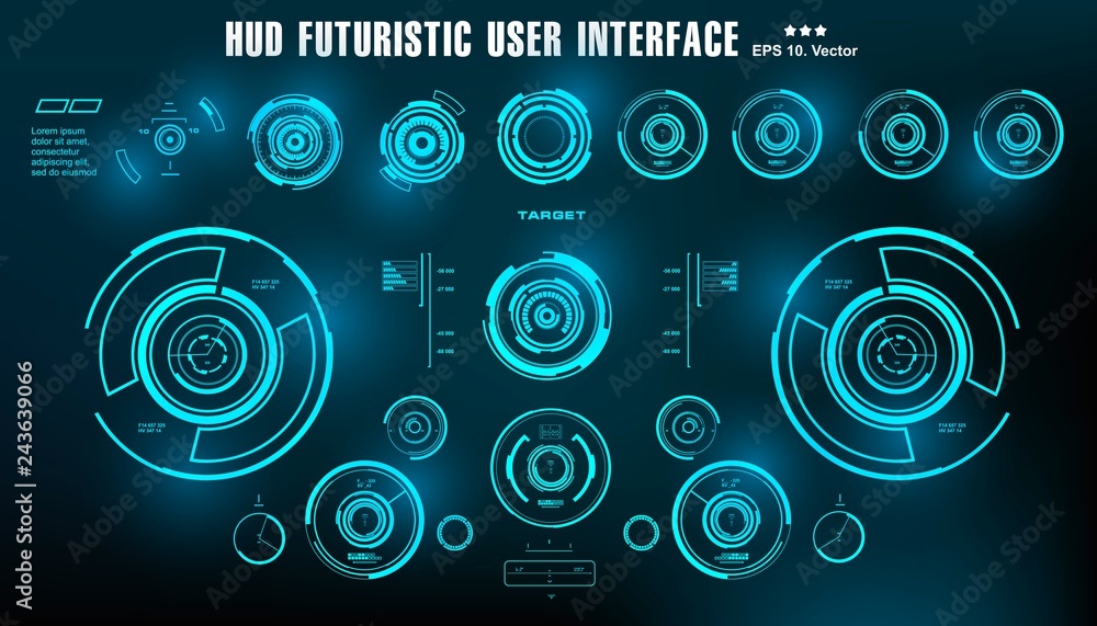 HUD futuristic blue user interface, dashboard display virtual reality technology screen, target HUD futuristic blue user interface, dashboard display virtual reality technology screen, target