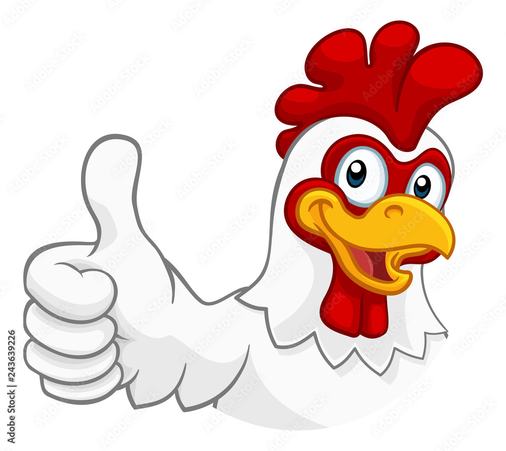 A chicken cartoon rooster cockerel character mascot giving a thumbs up. A chicken cartoon rooster cockerel character mascot giving a thumbs up.