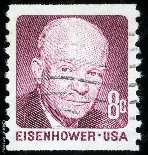 Stamp printed in the United States of America shows image of former US President Dwight Eisenhower, series, circa 1971 photo