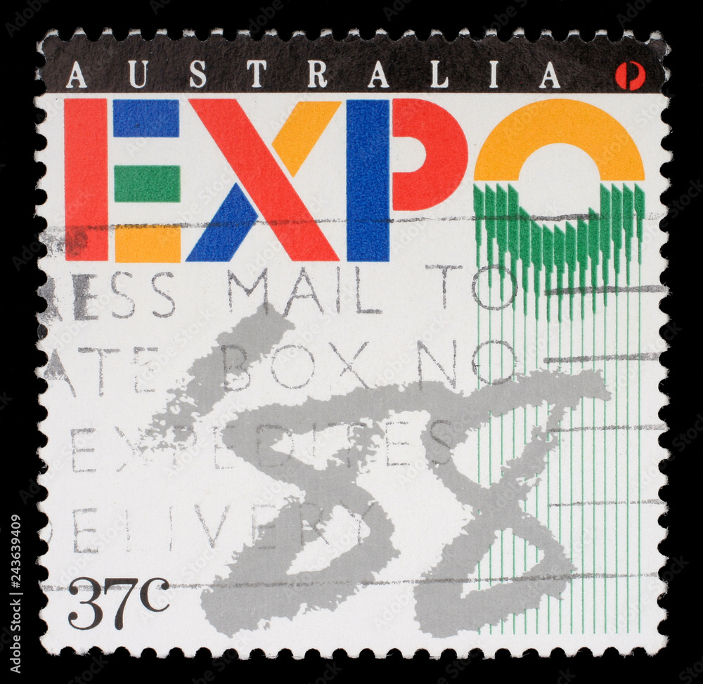 Stamp printed in Australia shows Expo '88 Logo, World Fair, Brisbane, circa 1988