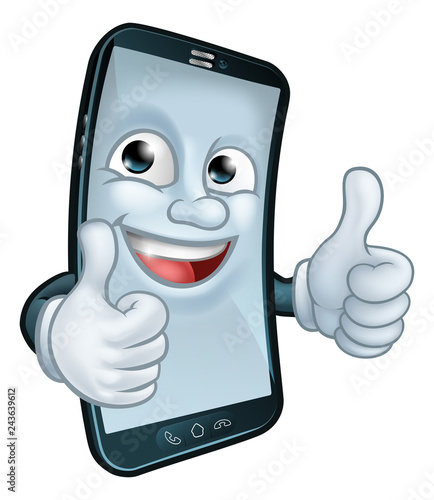 A mobile phone cartoon character mascot giving a double thumbs up.