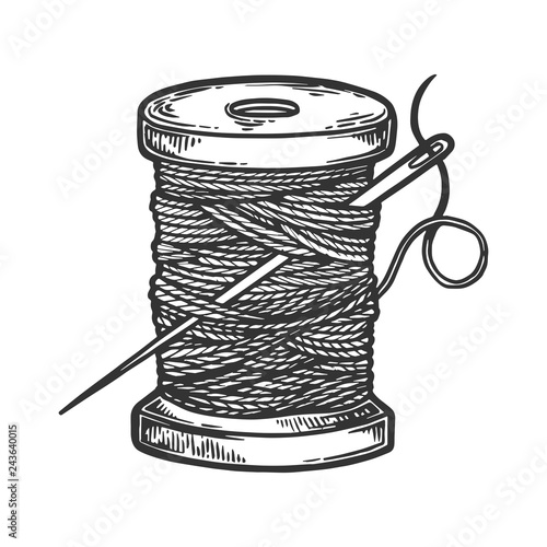 Spool of thread and needle engraving vector illustration. Scratch board style imitation. Hand drawn image.