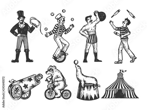 Retro circus performance set sketch style vector illustration. Old hand drawn engraving imitation. Human and animals vintage drawings