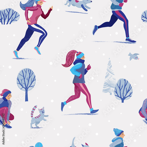 Seamless pattern with people, cats and dogs, running in winter season, flat cartoon vector illustration on light background. Men and women running in winter with cats and dogs, seamless pattern