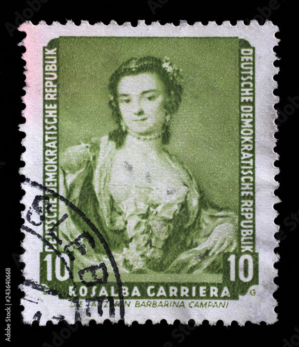 Stamp printed in DDR shows the painting Portrait of the dancer Barbarina Campani, by Rosalba Carriera, from the series Famous Paintings from Dresden Gallery, circa 1957. photo