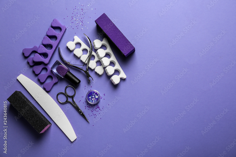 Set of pedicure tools on color background Set of pedicure tools on color background