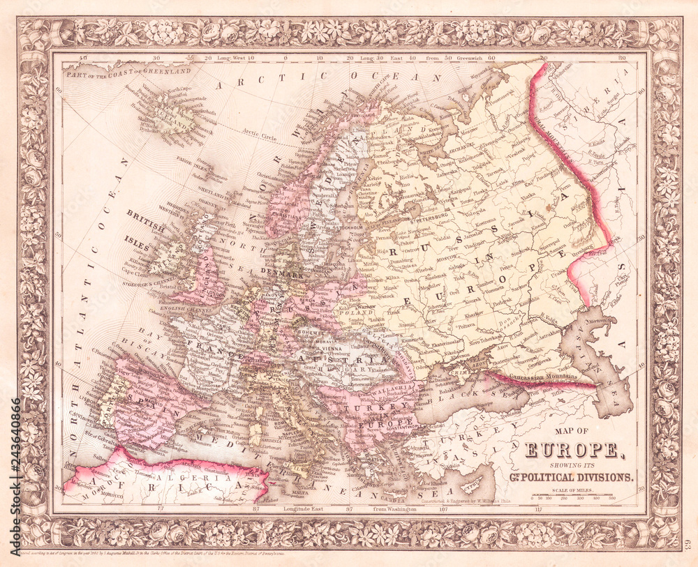 Fototapeta premium 1864, Mitchell Map of Europe