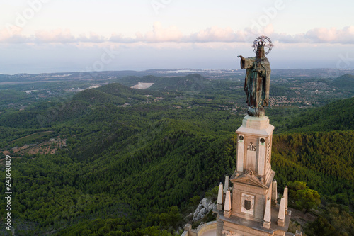 Aerial view of Jesus Christ statue at Sant Salvador Sanctuary  Mallorca island  Spain