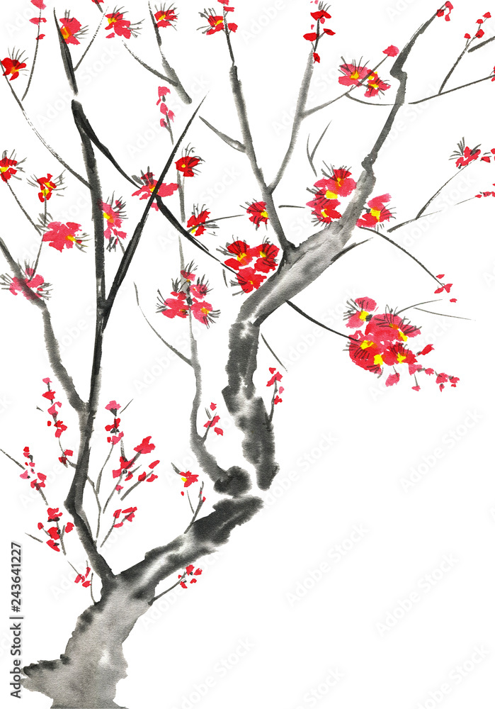 A branch of a blossoming sakura. Pink and red stylized flowers of plum mei, wild apricots and cherry . Watercolor and ink illustration of tree in style sumi-e, u-sin. Oriental traditional painting.