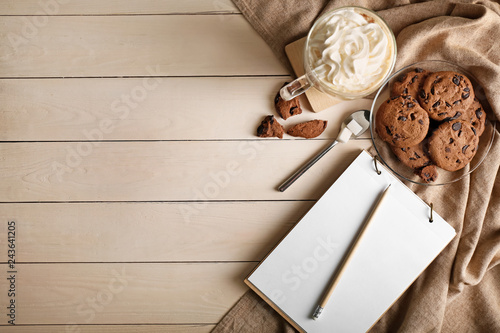 Cozy flat lay of hot coffee...